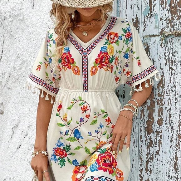 . Dresses & Skirts - Apricot Boho  Womens Floral Print Tassel Trim Batwing Sleeve Dress